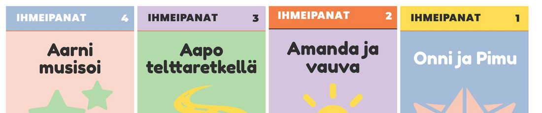 Kuvakaappaus Ihmeipanoiden tarinakirjaston neljästä ensimmäisestä tarinakannesta